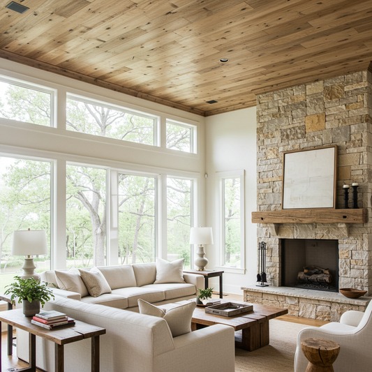 Brown_Reclaimed_Barnwood_Ceiling_Paneling_Stone_Fireplace_Living_Room