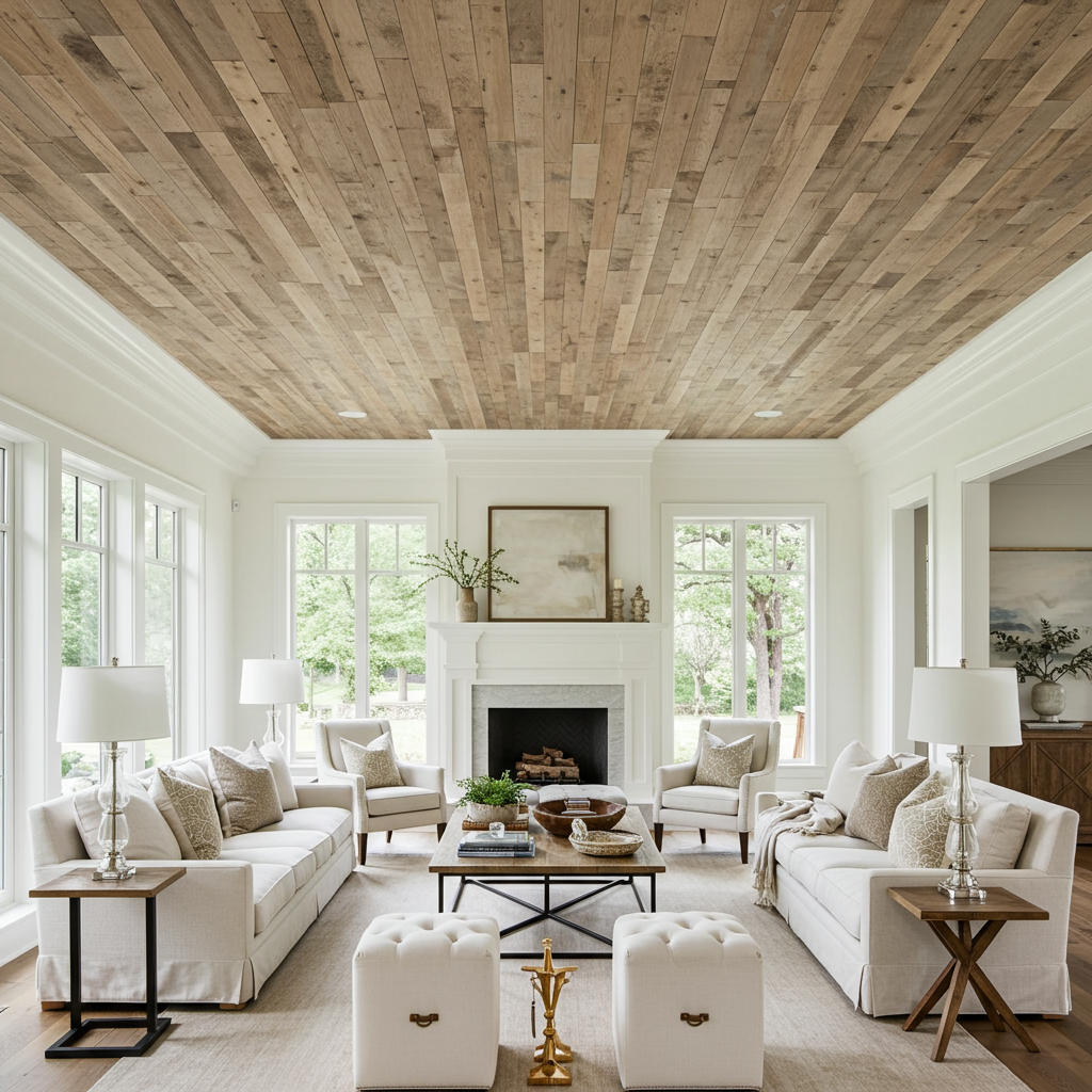 Brown_Reclaimed_Barnwood_Ceiling_Paneling_White_Living_Room