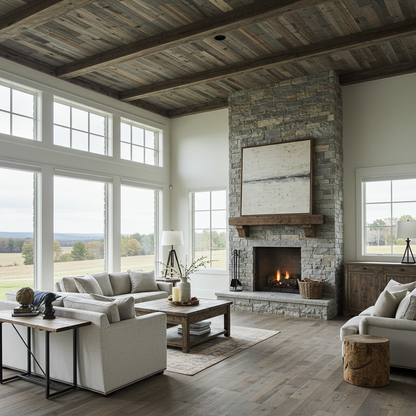 Grey_Reclaimed_Barnwood_Ceiling_Paneling_Living_Room_Stone_Fireplace
