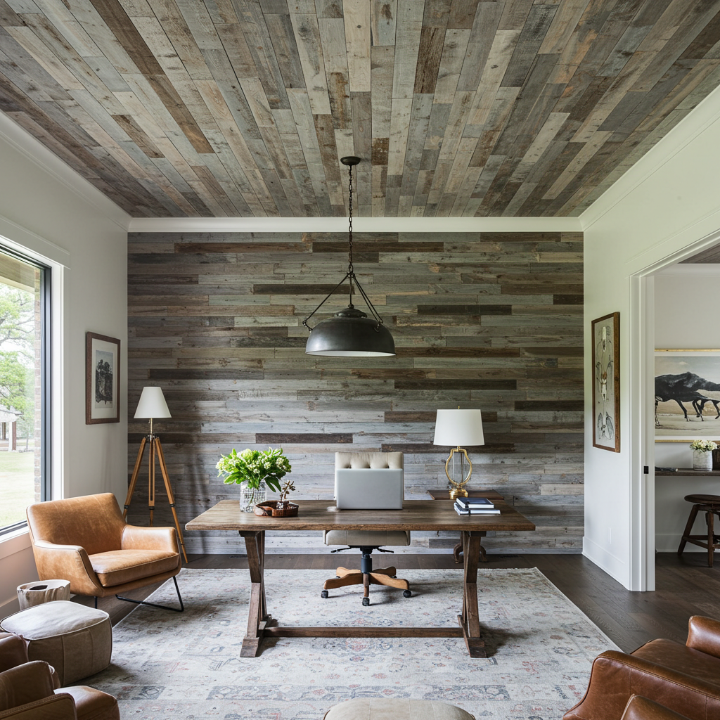 Grey_Reclaimed_Barnwood_Ceiling_Paneling_Office_Leather_Seating