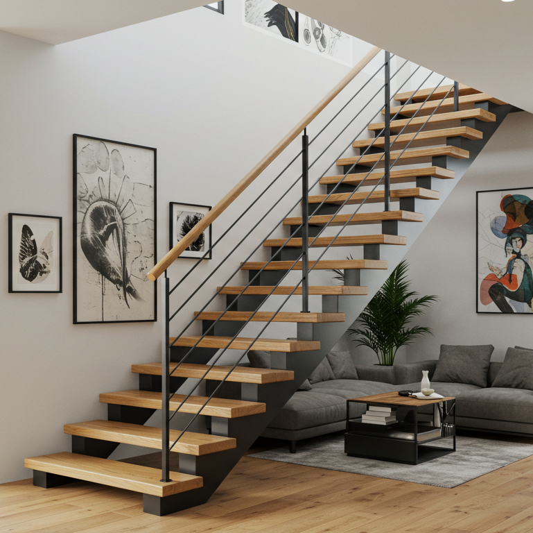 Maple_Floating_Stair_Tread_Black_Balusters