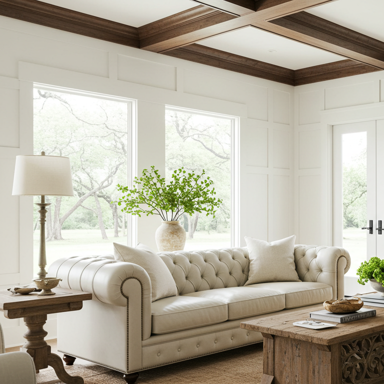 Walnut_Crown_Moulding_White_Leather_Couch