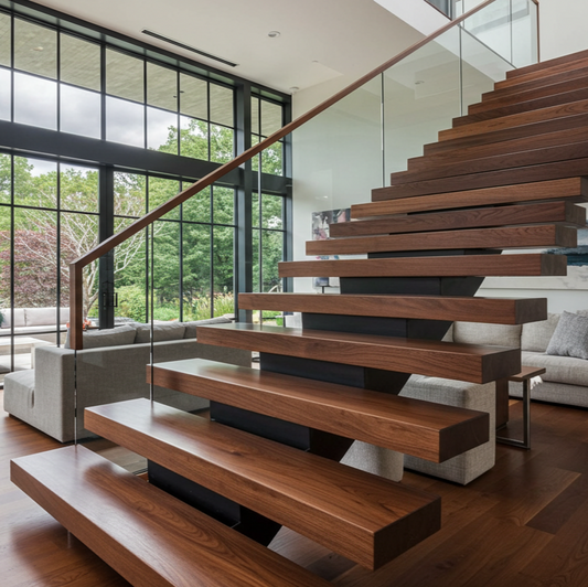 Walnut_Floating_Stair_Tread_Glass_Railing_Living_Room