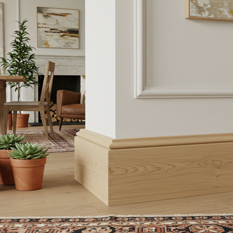 White_Oak_Baseboard_Moulding_Very_Tall_Plants_on_Floor